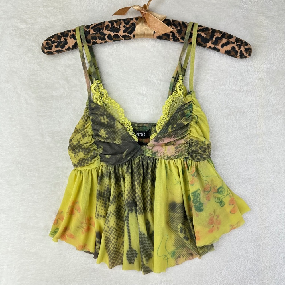 Urban Outfitters Cami Womens Tank Top XS Yellow Mesh Lace Babydoll Nylon Y2K